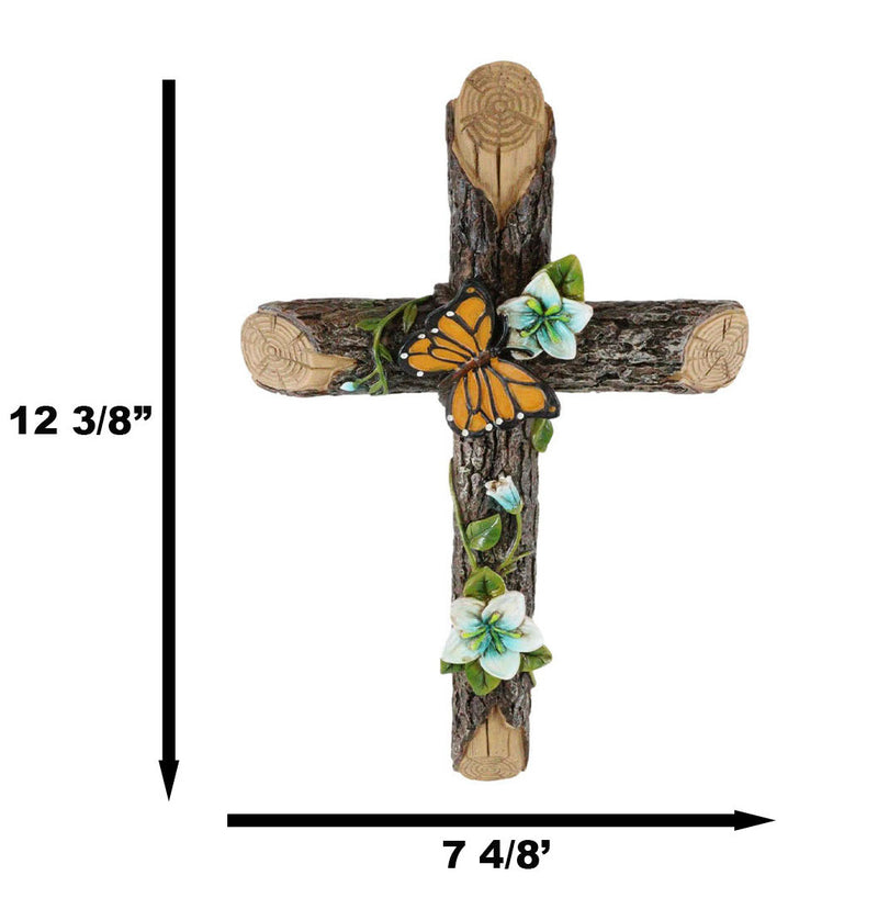 Rustic Western Butterfly Flitting On Flower Vines Faux Wooden Bark Wall Cross