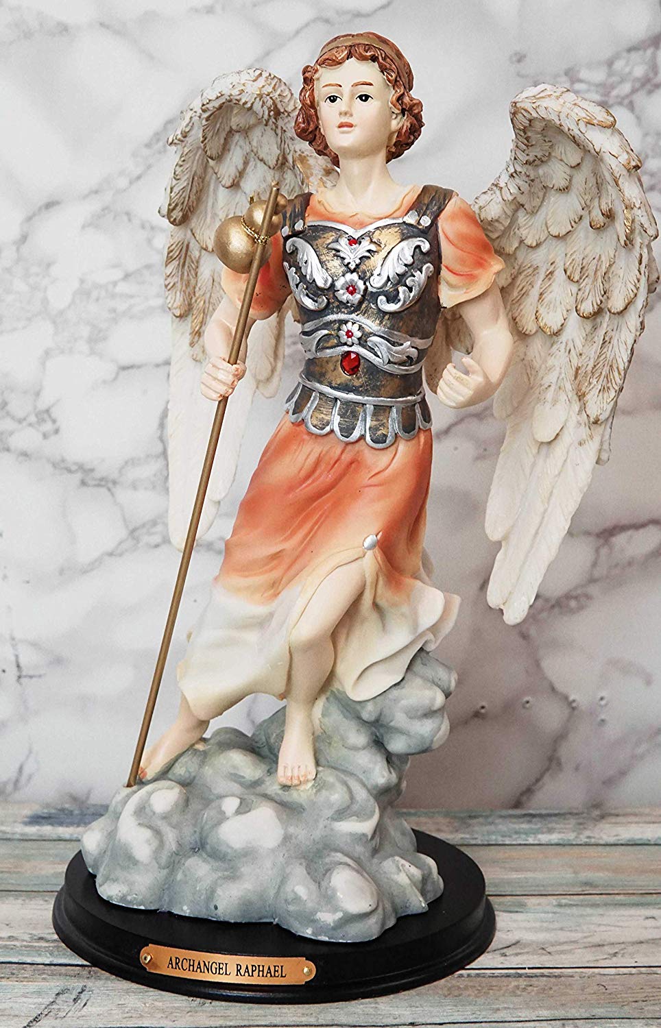 Ebros Byzantine Archangel Saint Raphael with Brass Name Plate Wooden Base 12"H