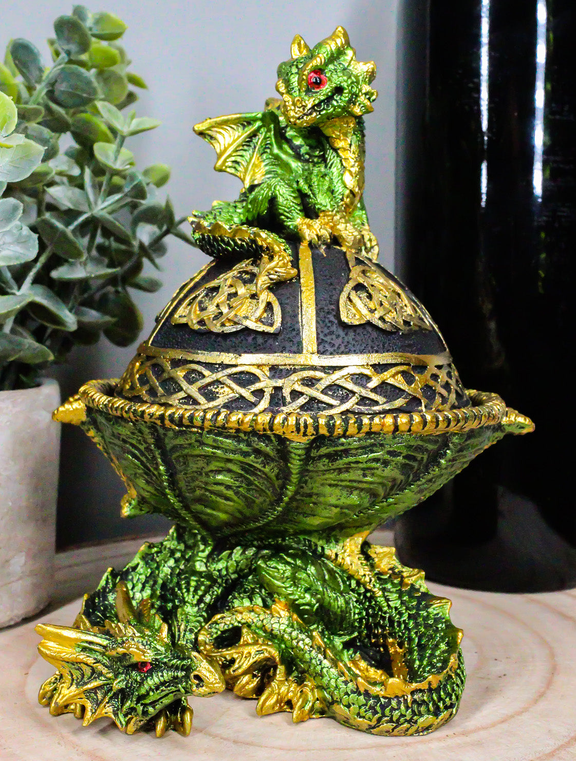 Green Dragon Mother With Hatchling On Celtic Knotwork Dome Egg Decorative Box