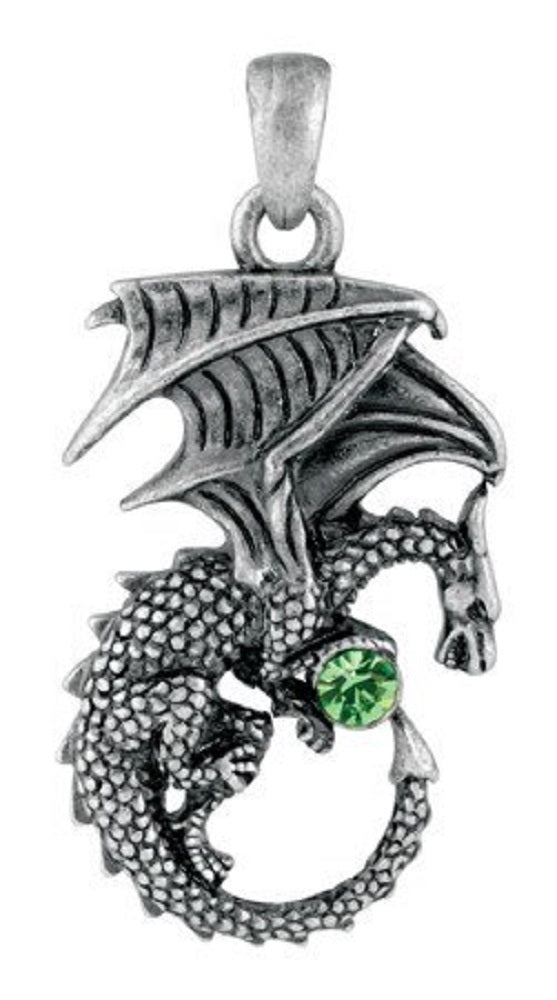 Ebros Curling Winged Dragon With Green Gemstone Jewelry Alloy Pendant Necklace - Ebros Gift