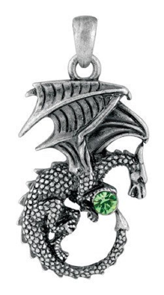 Ebros Curling Winged Dragon With Green Gemstone Jewelry Alloy Pendant Necklace - Ebros Gift