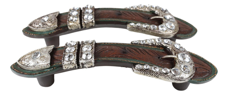 Set Of 2 Western Faux Tooled Leather Bling Belt Buckle Drawer Cabinet Bar Pulls