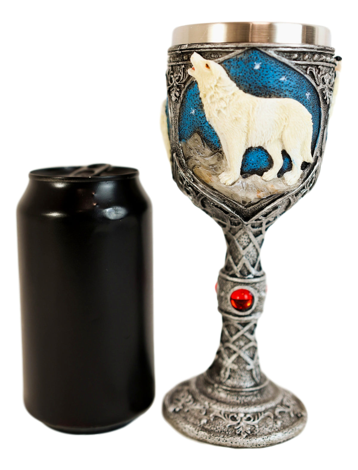 Howling White Wolf In Starry Night Wine Chalice Goblet With Celtic Knotwork 7oz - Ebros Gift