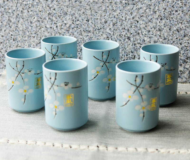Pack Of 6 Japanese Sakura Cherry Blossom Pastel Light Blue Ceramic Tea Cups 10oz
