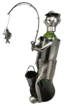 Ebros Camper Fishing Fisherman Catching Fish Hand Made Metal Wine Bottle Holder