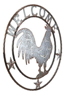 Ebros Gift Oversized 24" Wide Vintage Rustic Round Sign Braided Rope Galvanized Metal Circle Wall Decor 3D Art Greeting Plaque (Rooster Chicken Welcome)