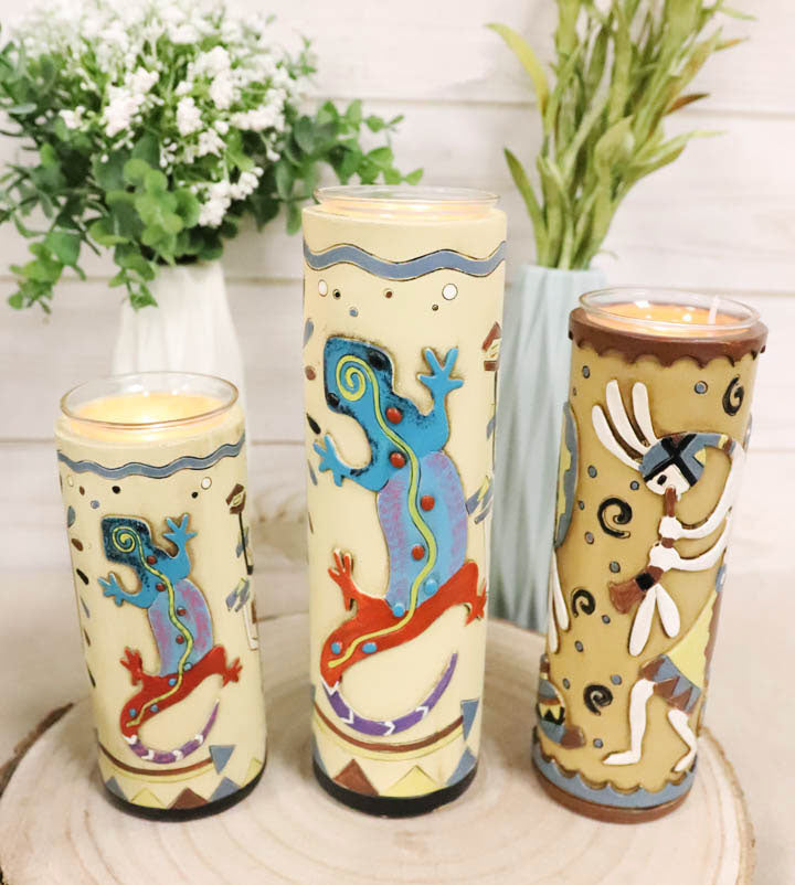 Southwestern Colorful Kokopelli God And Lizards Votive Candle Holders Set Of 3