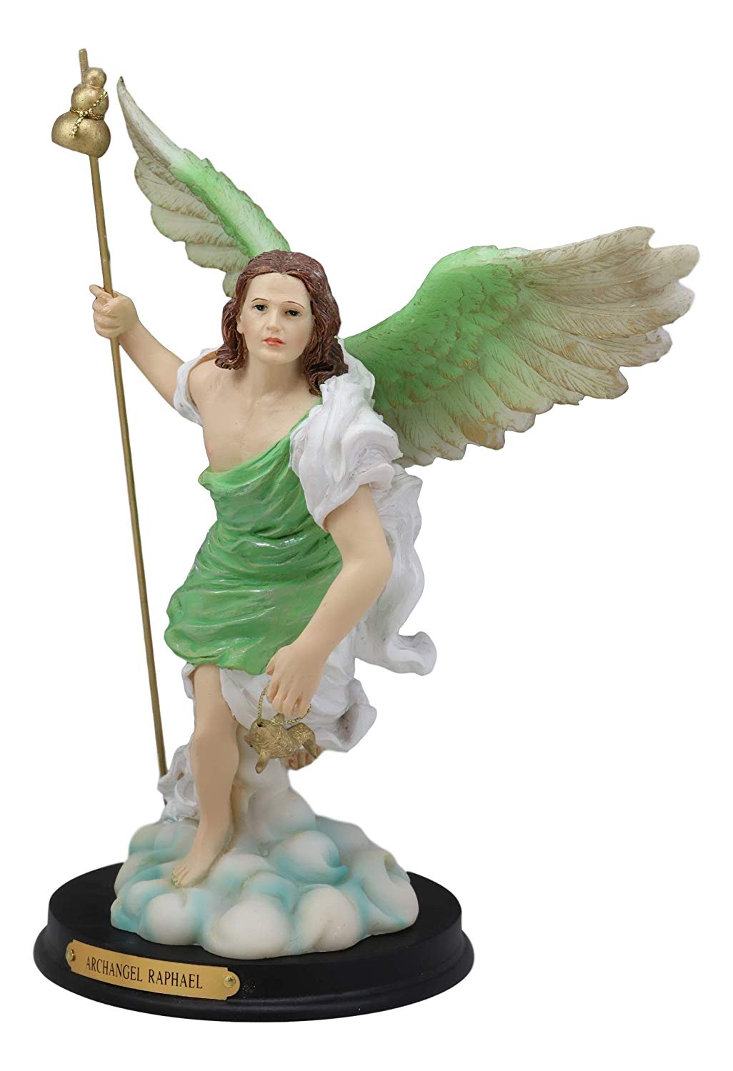 Ebros Saint Raphael with Healing Staff Statue 10.25" H with Brass Name Plate