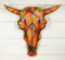 13" W Western Bull Bison Cow Skull With Colorful Tribal Tattoo Wall Decor Plaque