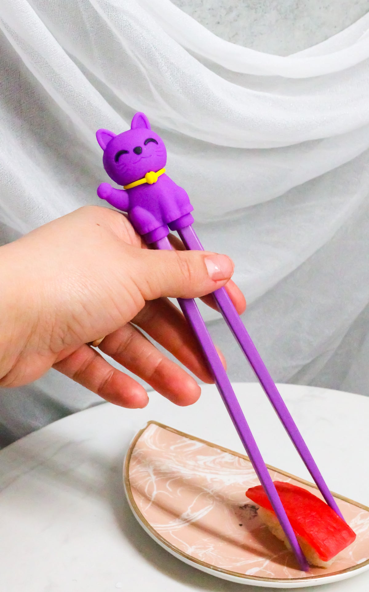 Purple Maneki Neko Lucky Cat Reusable Training Chopsticks Set W/ Silicone Helper - Ebros Gift