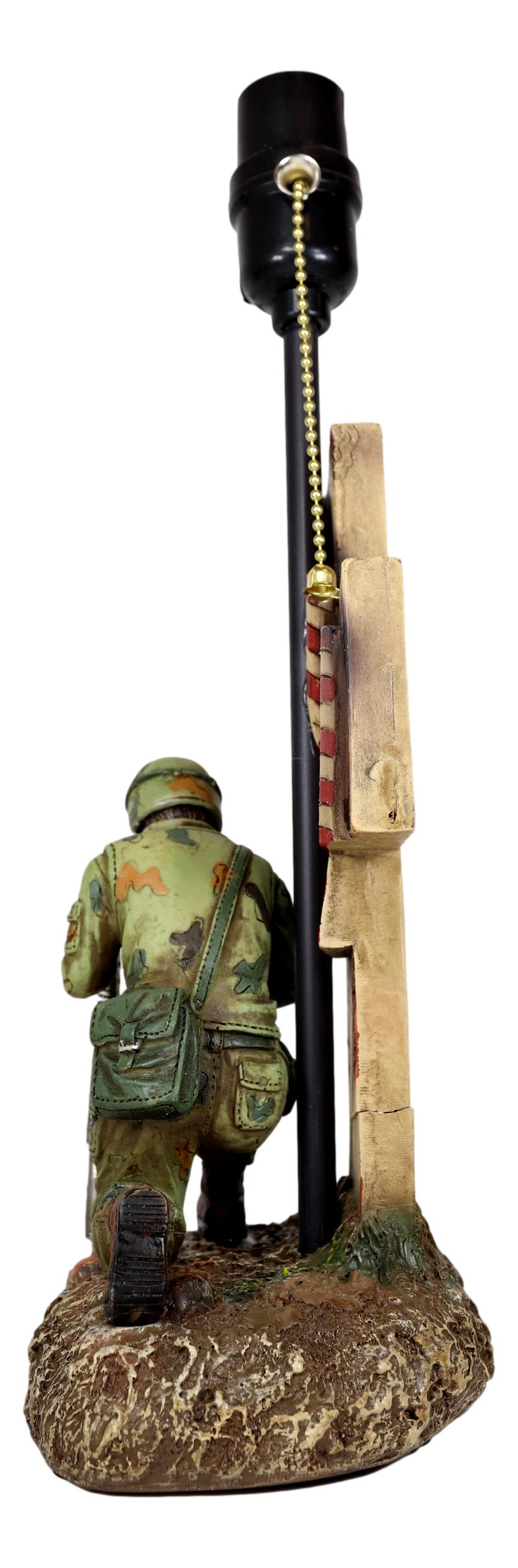 Patriotic Soldier With Rifle Kneeling By American Flag Cross Memorial Table Lamp