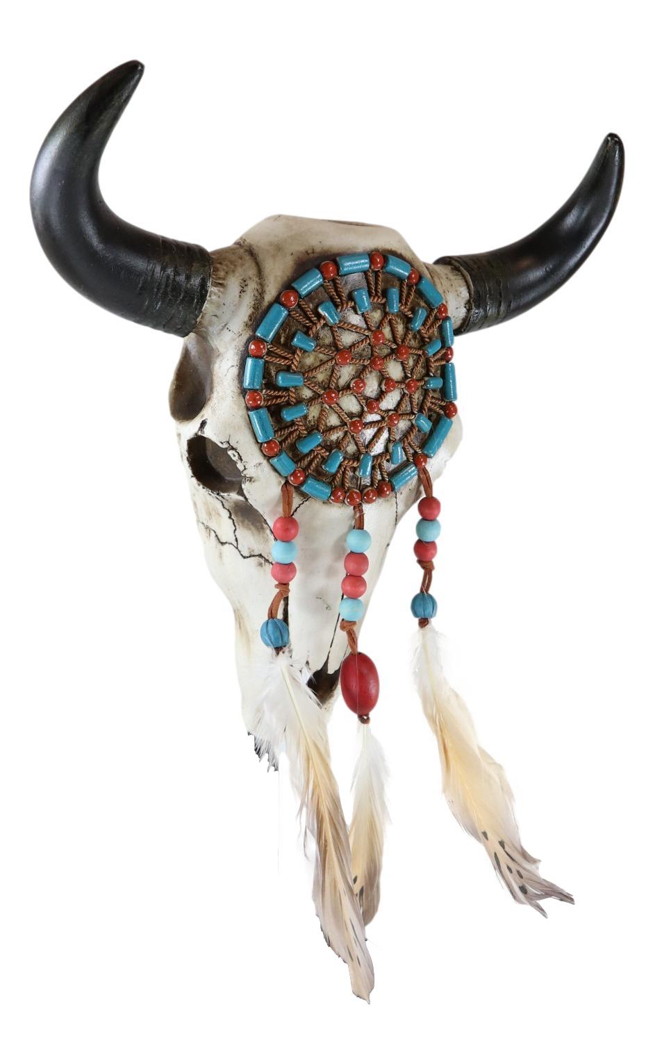 Large Western Native American Turquoise And Red Web Dreamcatcher Bison Cow Skull