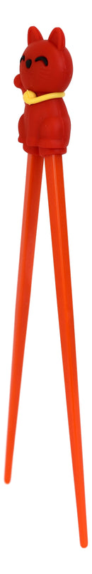 Red Maneki Neko Lucky Cat Reusable Training Chopsticks Set With Silicone Helper