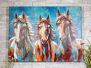 Rustic Country Western Colorful 3 Horses Printed Canvas Picture Wooden Frame 24"X18"