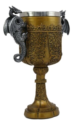 King Arthur Holy Grail The Golden Cup Of Life Dual Dragons Wine Goblet Chalice