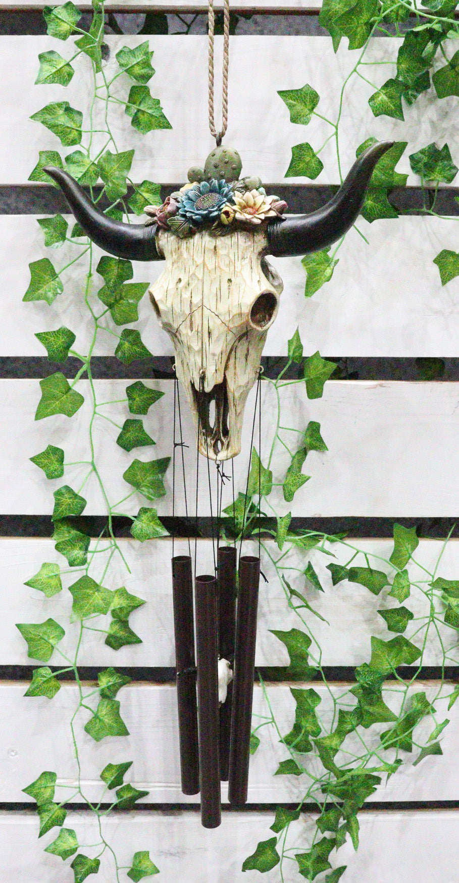 Southwest Rustic White Faux Wood Cow Skull With Floral Succulents Wind Chime