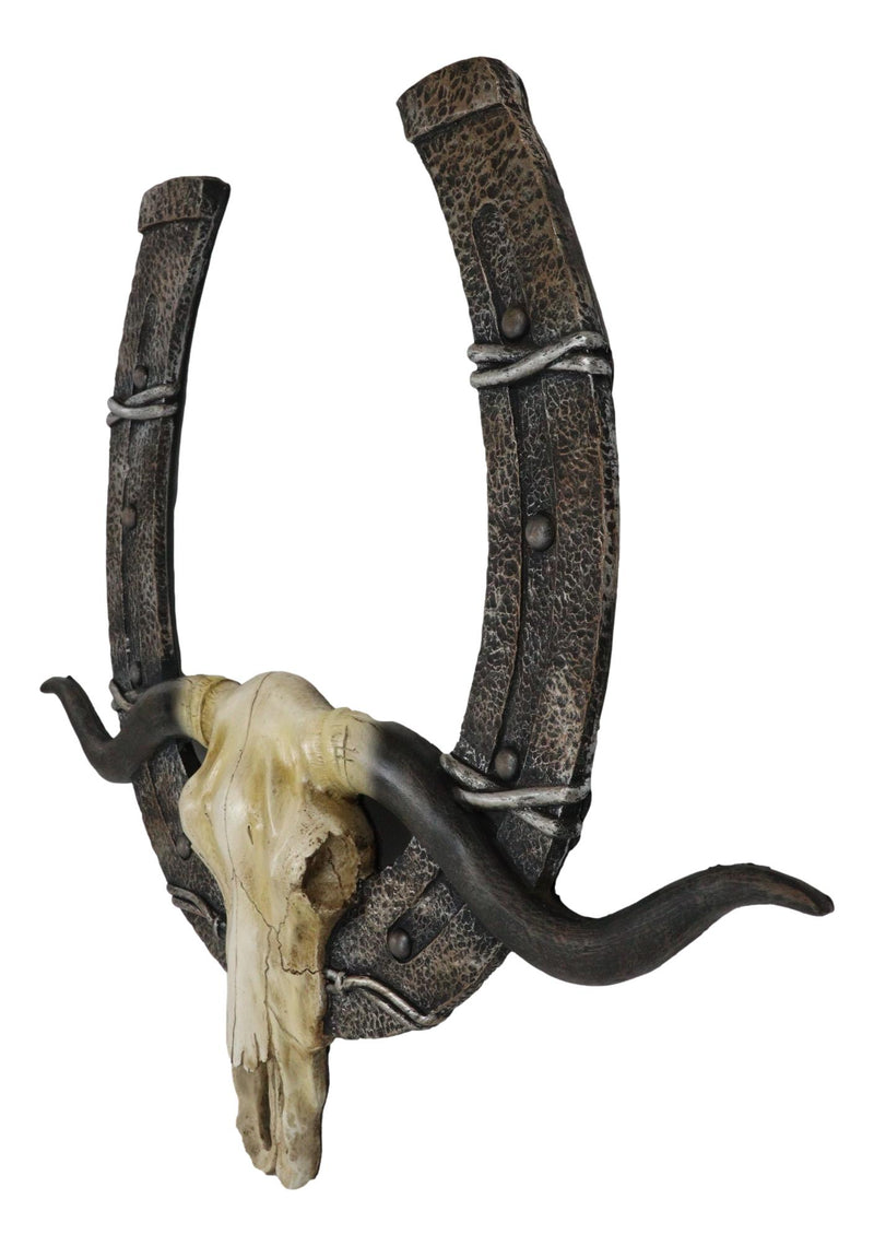 21" L Rustic Western Longhorn Bull Cow Skull With Giant Horseshoe Wall Decor