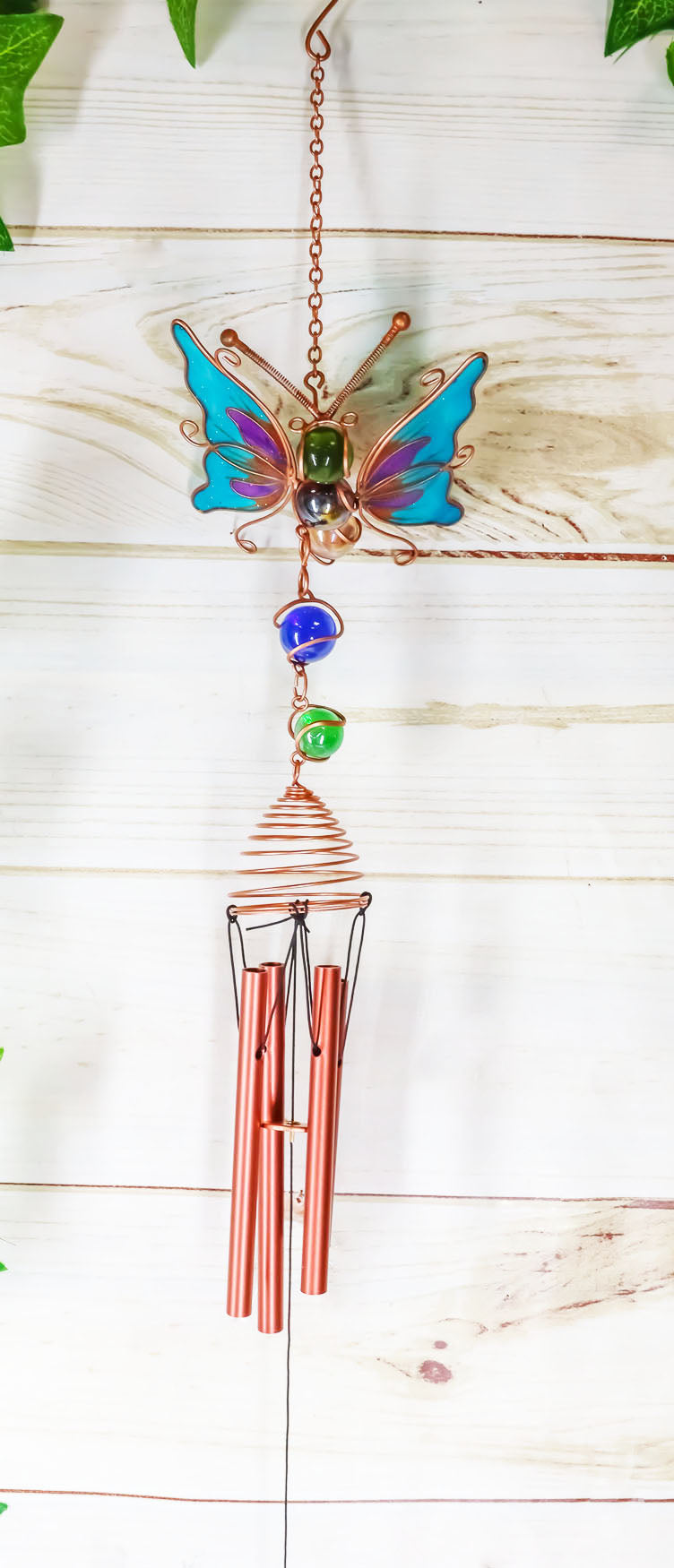 Ebros Gift Stained Glass Flitting Butterfly Copper Metal Wind Chime 28"Long Resonant Outdoor Patio Garden Decor Accessory