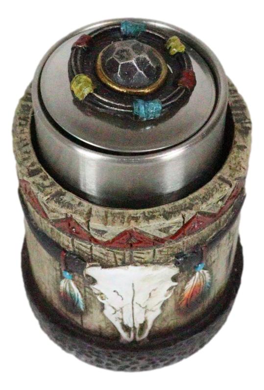 Rustic Western Native Indian Cow Skull Feathers Spring Barrel Toothpick Holder