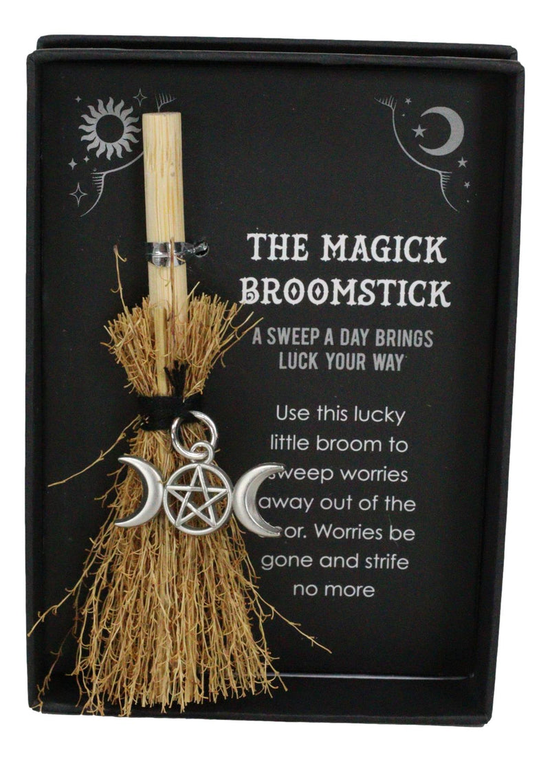 Wicca Witch Broom Magick Broomstick W/ Pentagram Triple Moon Pendant Lucky Charm