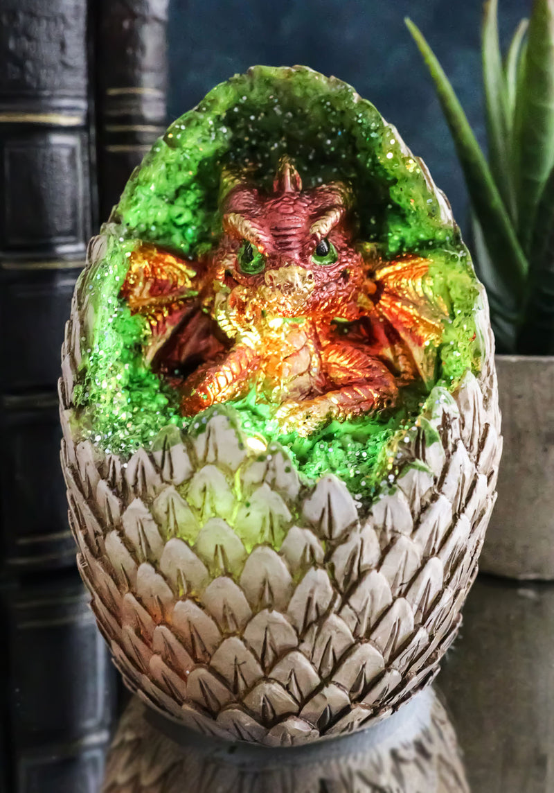 Red Thinker Baby Dragon In Faux Crystal Geode Scaly Egg LED Night Light Figurine