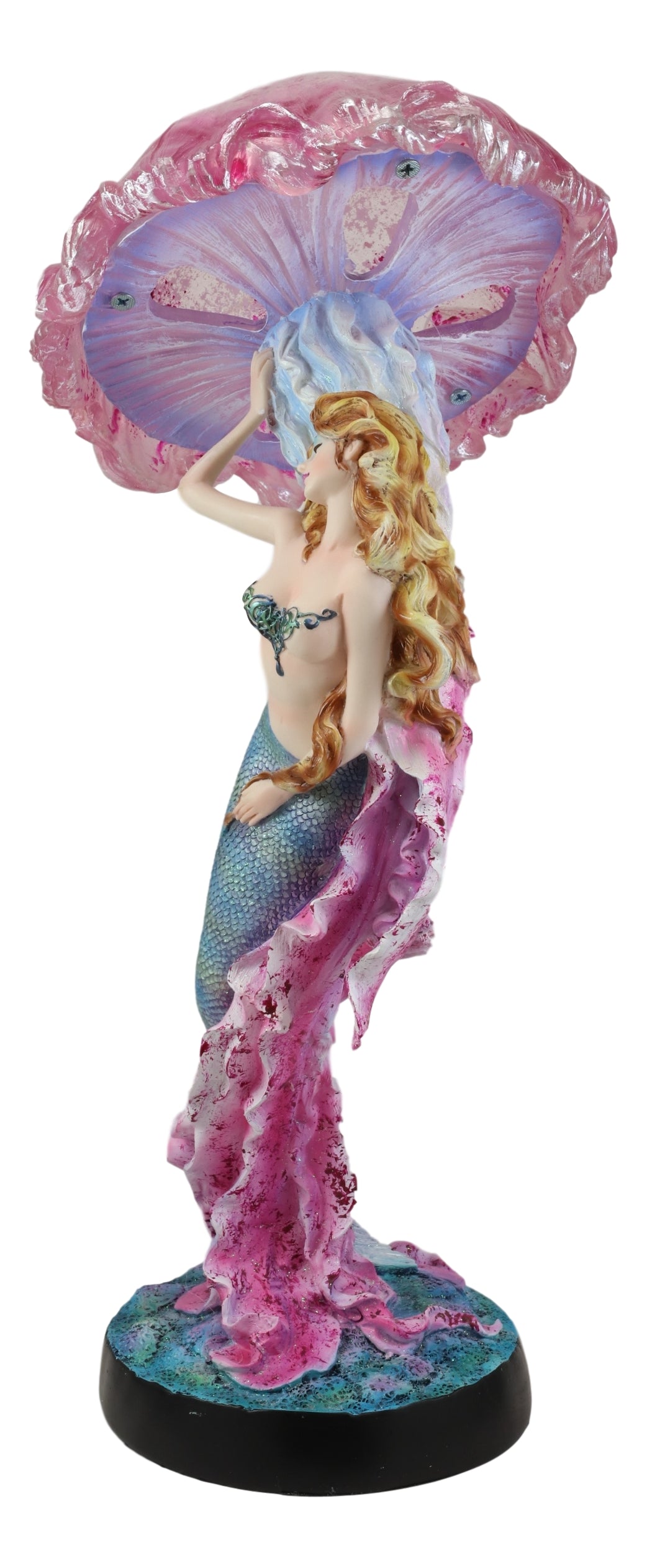 Large 17.25"H Mermaid With Pink Jellyfish Statue With Colorful LED Light