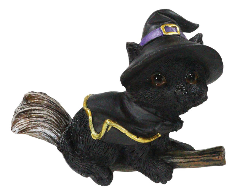 Halloween Black Cat with Witch Hat & Cape Flying On Magical Broomstick Figurine