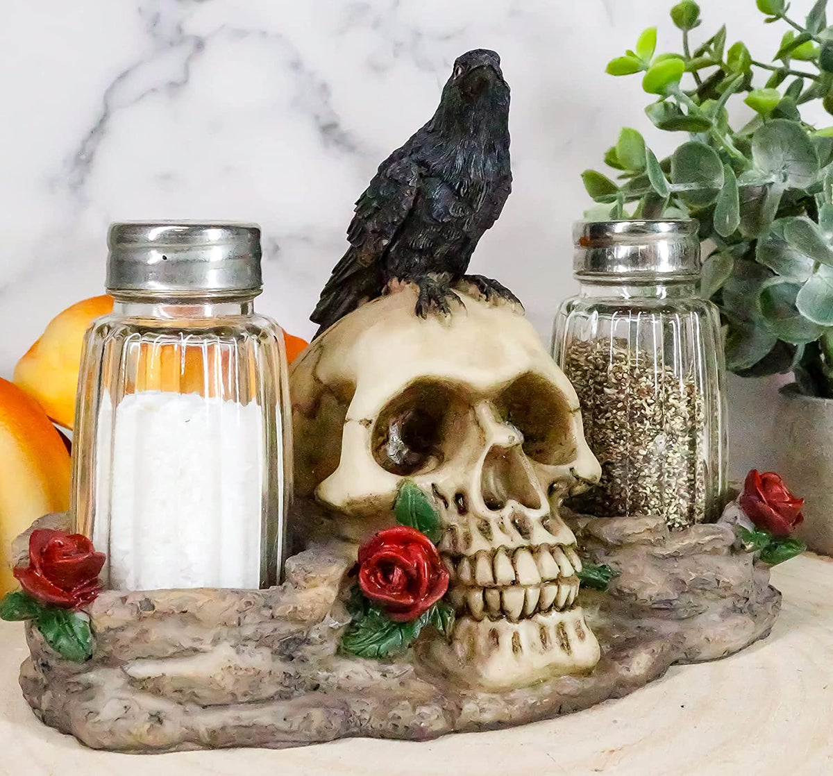 Ebros Day Of The Dead Raven Crow W/ Rose Skull Salt & Pepper Shakers Holder Set
