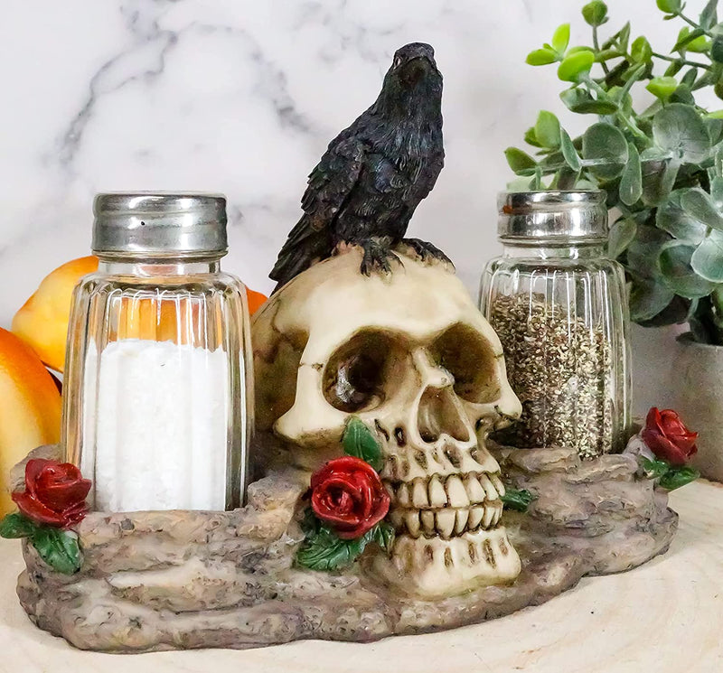 Ebros Day Of The Dead Raven Crow W/ Rose Skull Salt & Pepper Shakers Holder Set