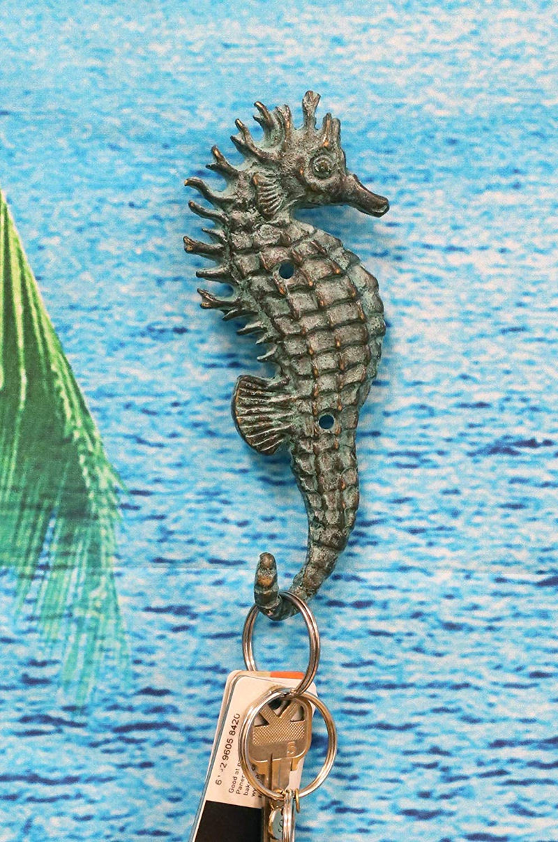 Ebros Verdigris Seahorse Single Wall Mounted Brass Coat Hook Hangers Set of 4