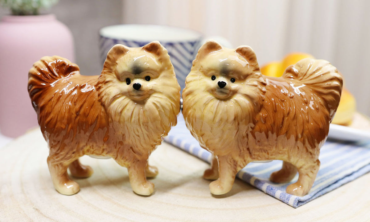 Ebros Pom Pom Golden Groomed Pomeranian Attractives Magnetic Salt Pepper Shakers - Ebros Gift