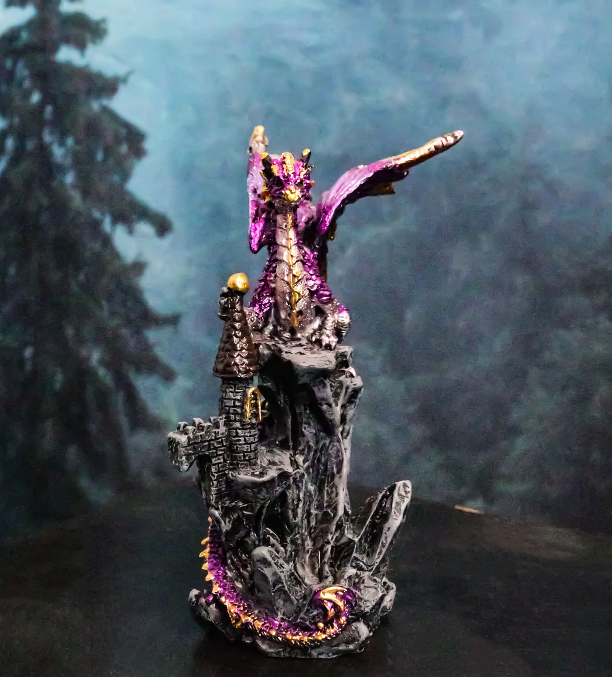 Metallic Golden Purple Dragon Guarding Castle Tower On Mountain Cliff Figurine