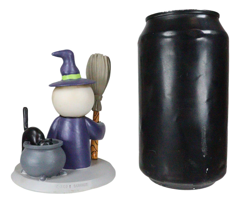 Lucky Skeleton In Witch Costume And Broomstick Standing By Black Cat Figurine