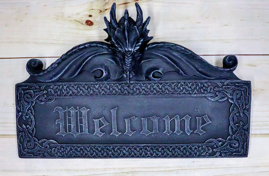 Celtic Medieval Gothic Guardian Dragon Welcome Plaque Door Wall Sculpture