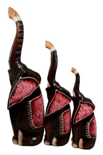 Balinese Wood Handicrafts Large Abstract Jungle Pink Elephant Figurine Set 20"H