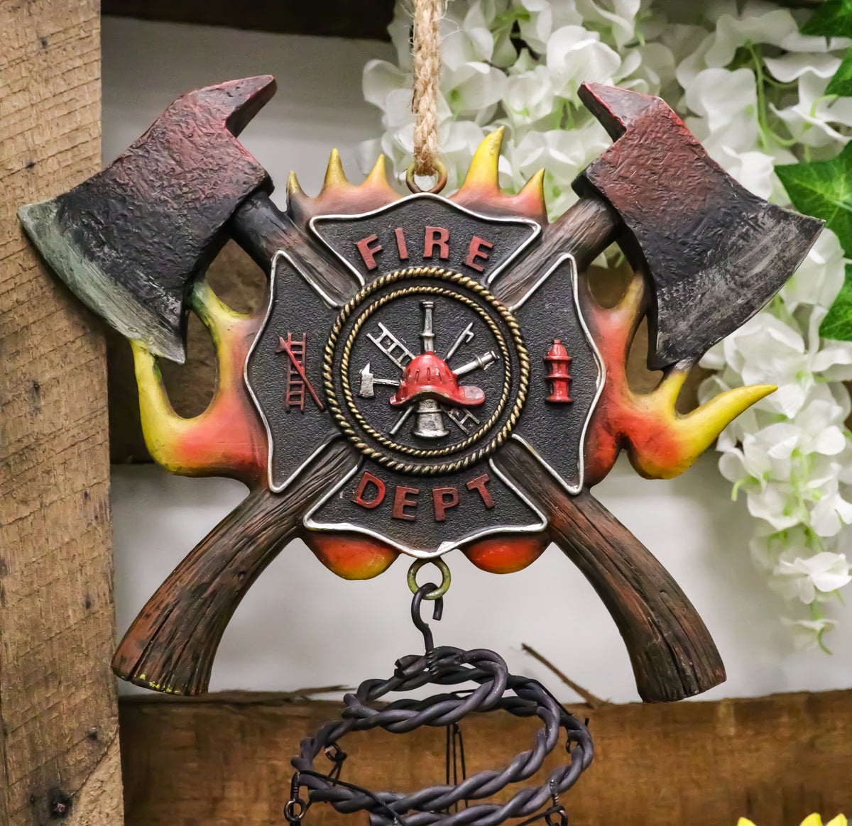 Maltese Cross Crest With Crossed Fire Fighter Axe Fireman Wind Chime Decor
