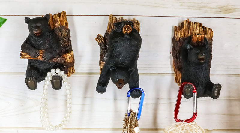 Ebros Whimsical Rustic 3 Acrobatic Black Bears Hanging On Tree Branches Wall Hooks 5.25" High Set of 3 Hanger