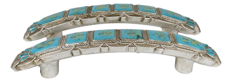 Set Of 2 Rustic Western Silver Turquoise Boho Drawer Cabinet Door Bar Pulls