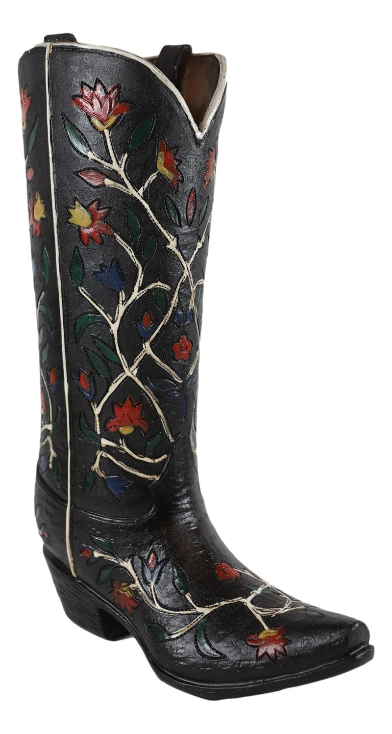 Rustic Western Black Tooled Leather Cowboy Boot With Rose Vines Vase Figurine