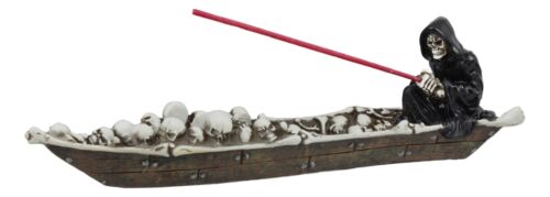 Ebros Charon Grim Reaper Fishing On Boat Of Skulls Incense Burner Statue 11.5"L
