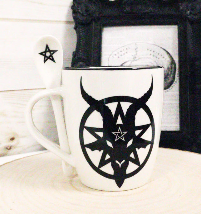 Ebros Occult Sigil Of Baphomet Sabbatic Goat Bone China Mug And Spoon Set