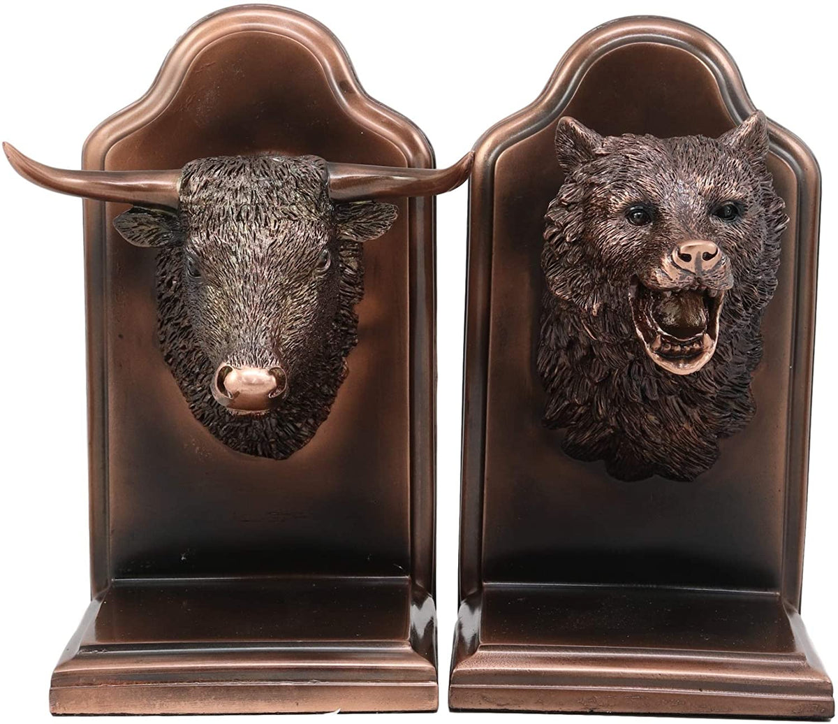 Wall Street Stock Market Bull VS Bear Bookends Bronze Electroplated Figurine