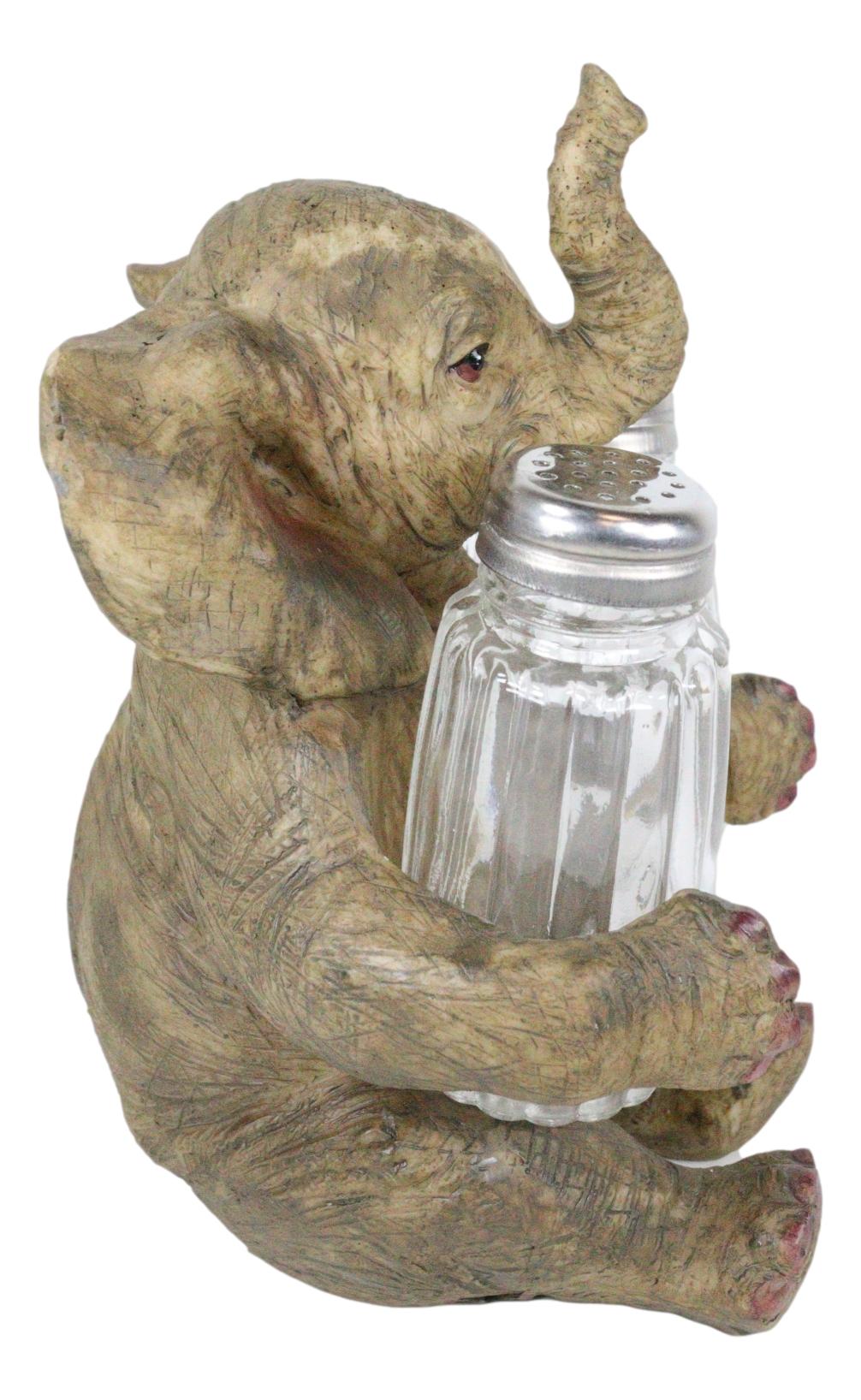 Sitting African Safari Bush Elephant With Trunk Up Salt Pepper Shakers Holder