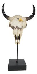 Western Rustic Bull Cow Steer Skull With Bald Eagle Sculpture On Pole Display