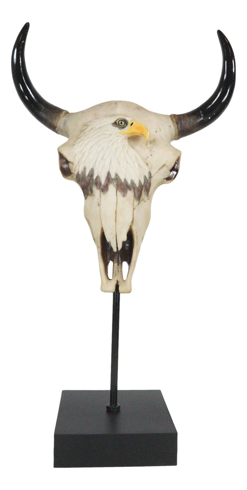 Western Rustic Bull Cow Steer Skull With Bald Eagle Sculpture On Pole Display