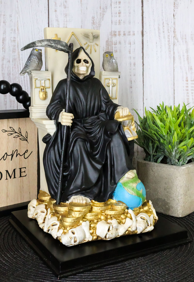 Black Santa Muerte Holding Scythe Seated On Throne Statue Our Lady Of Death