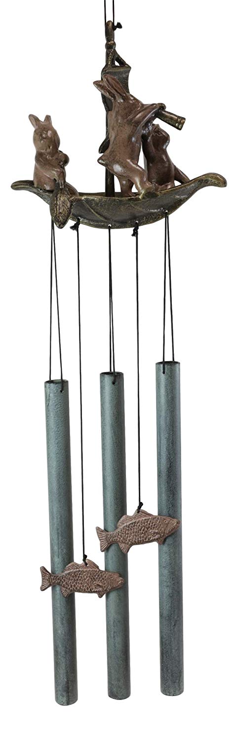 Ebros Gift Aluminum Whimsical Bunny Rabbit Explorers On A Sail Boat with Telescope Tube Wind Chime Sculpture with Hanging Fish Ornaments 25.5" Tall Garden Lawn Patio Home Pool Deck Accent Decor