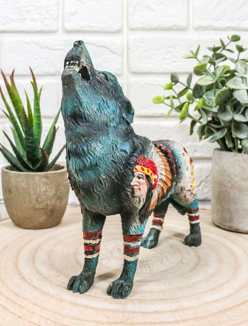 Indian Chief Native Tribal Howling Wolf Totem Spirit Figurine Collection 6.25"L