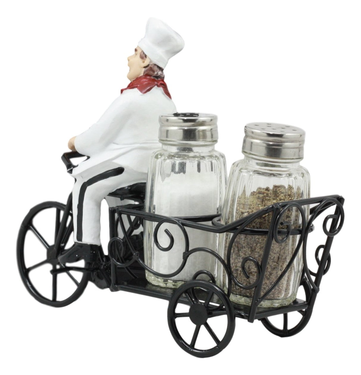 Ebros French Bistro Chef Riding On Bicycle Spice Cart Salt And Pepper Shakers Holder Figurine 6"Tall Iron Chef Spice Delivery - Ebros Gift