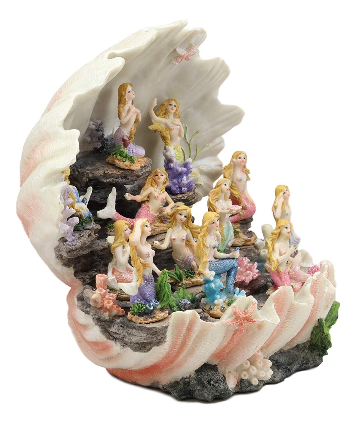 Ebros 12.25" Wide Colorful Nautical Ocean Giant Clam Shell of The Coral Reefs Display Stand with 12 Miniature Mermaids Figurine Set Fantasy Mermaid Mergirls - Ebros Gift